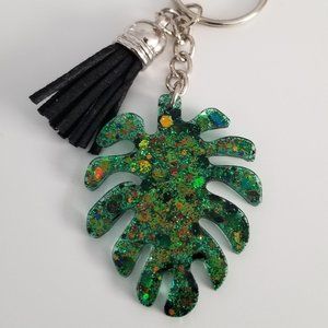 Green Glitter Monstera Leaf Keychain